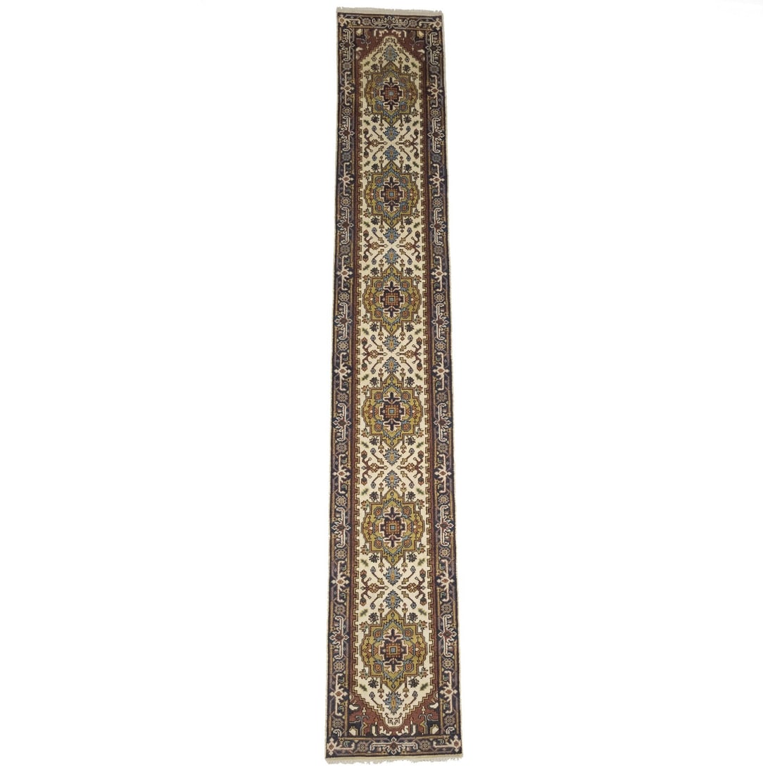 Handmade Heriz Serapi 2'6 x 15'5 Runner Rug Floral Geometric Wool: Handmade Heriz Serapi 2'6 x 15'5 Runner Rug Floral Geometric Wool Enhance your living space with this exquisite handmade Heriz Serapi runner rug, measuring 2'6" x 15'5". Crafted in India, this rug fea