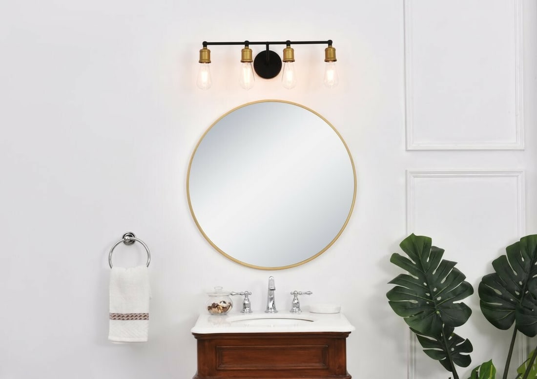Serif 4 Light Brass Black Metal Wall Sconce 22.1 Inch: Serif 4 Light Brass Black Metal Wall Sconce 22.1 Inch This industrial farmhouse wall sconce features a modern design with a brass and black metal finish. It is equipped with four dimmable lights and a