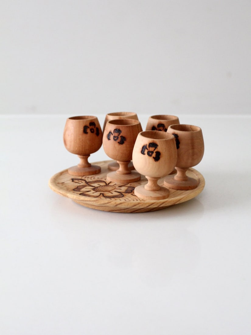 Vintage 1970 Wooden Folk Art Cordial Cup Set with Tray (1 of 11)