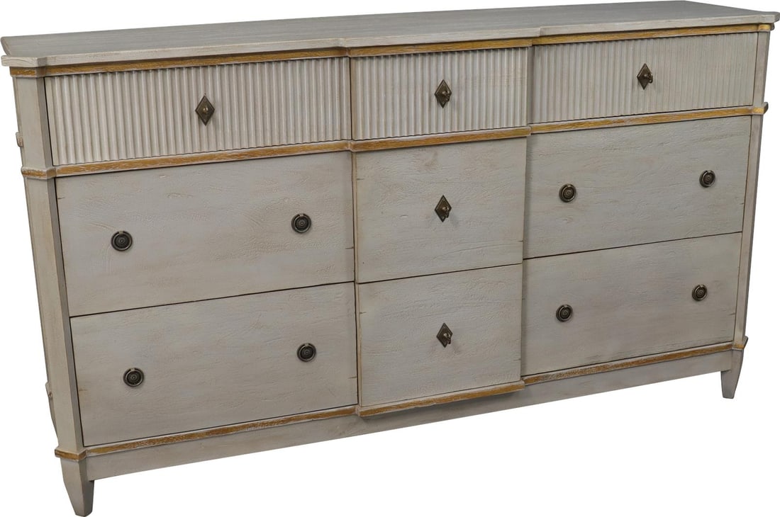 St. Denis Chic Pewter Gold 9-Drawer Dresser Soft-Closing Runners: St. Denis Chic Pewter Gold 9-Drawer Dresser Soft-Closing Runners This chic dresser combines a stunning pewter finish with elegant gold accents, perfect for enhancing any bedroom or living space. Craft
