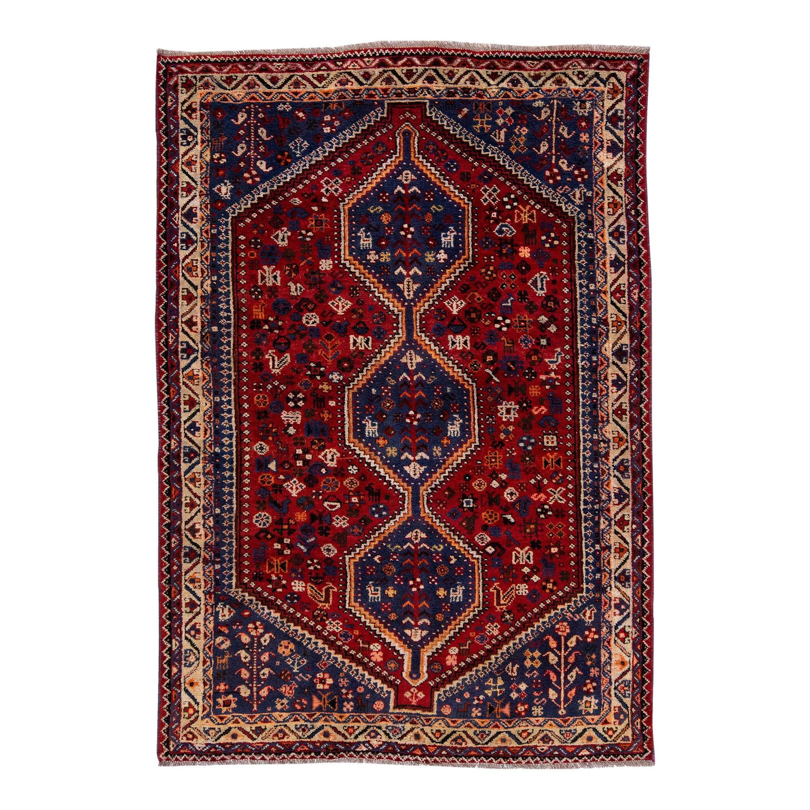 1960s Persian Shiraz Handmade Wool Rug Navy Blue Medallion Design: 1960s Persian Shiraz Handmade Wool Rug Navy Blue Medallion Design Discover this exquisite vintage Persian Shiraz rug, meticulously hand-knotted from high-quality wool. Featuring a rich navy blue