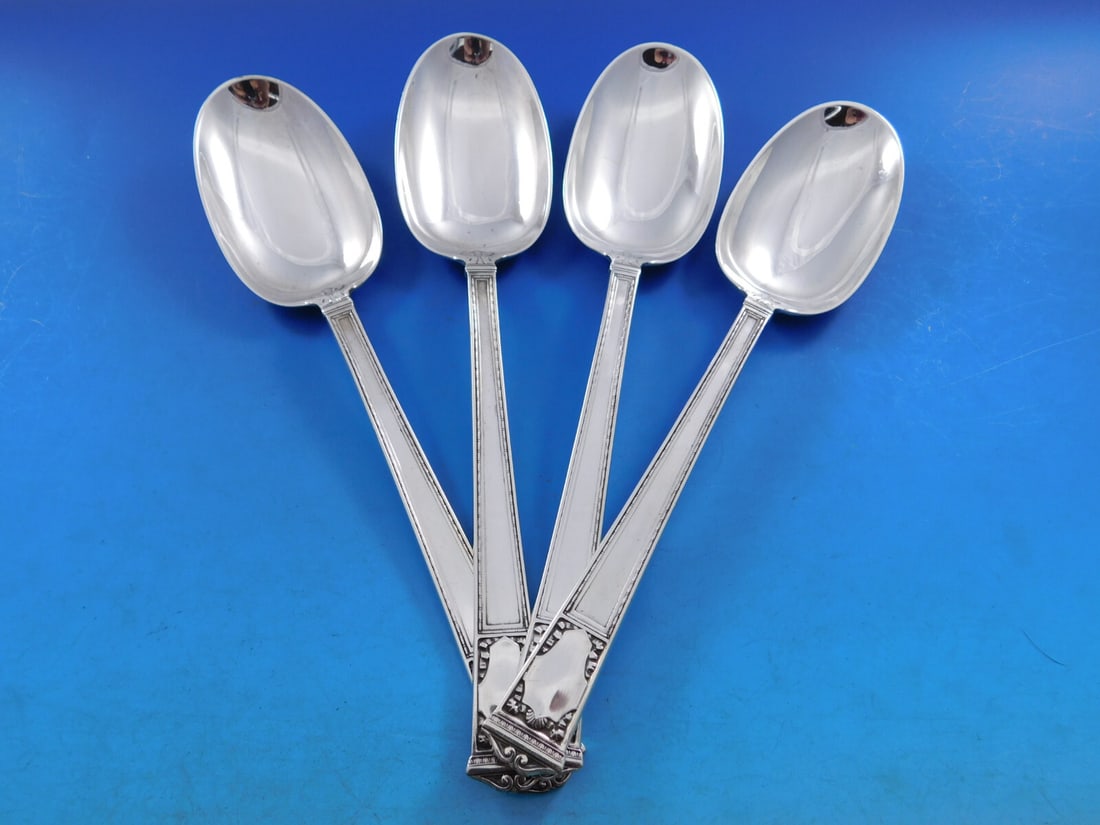 Tiffany & Co San Lorenzo Sterling Silver Serving Spoon Set of 4: Tiffany & Co San Lorenzo Sterling Silver Serving Spoon Set of 4 Elevate your dining experience with this exquisite set of four serving spoons from Tiffany & Co., featuring the elegant San Lorenzo patt