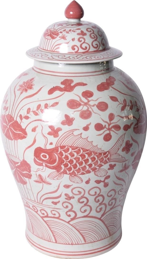 Handmade Coral Red Ceramic Temple Jar Asian Antique Style 21H (1 of 1)