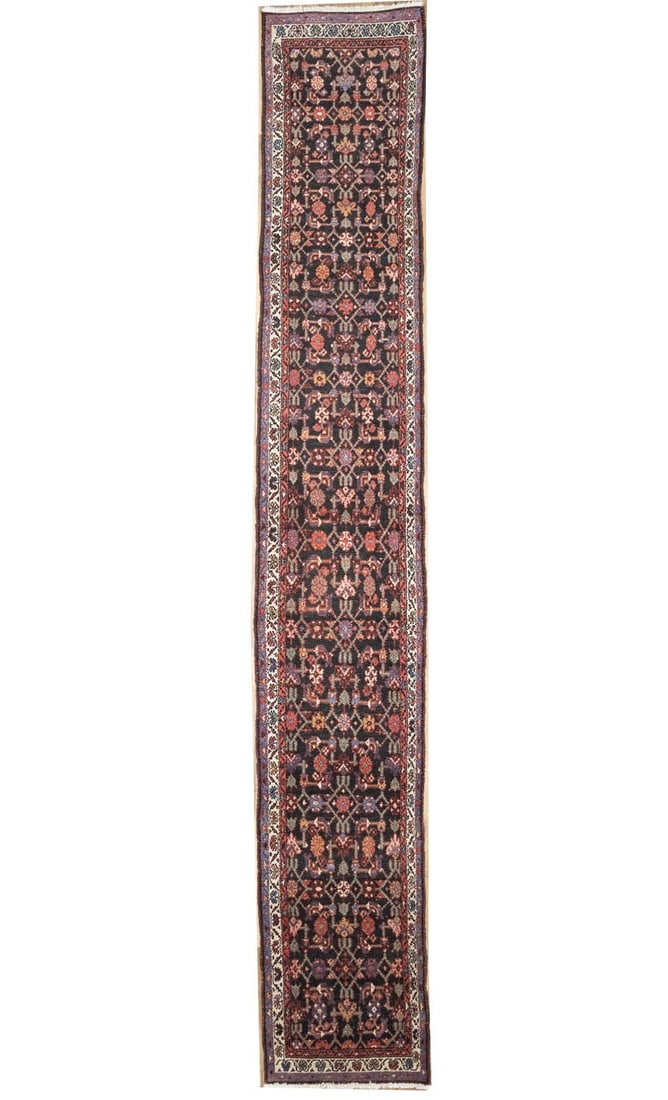 Hand-Knotted Wool Tribal Runner Rug 2'5 x 15'8: Hand-Knotted Wool Tribal Runner Rug 2'5 x 15'8 This semi-antique hand-knotted runner rug features a vibrant tribal oriental design with floral patterns in shades of dark purple-navy, cream, red, blue,