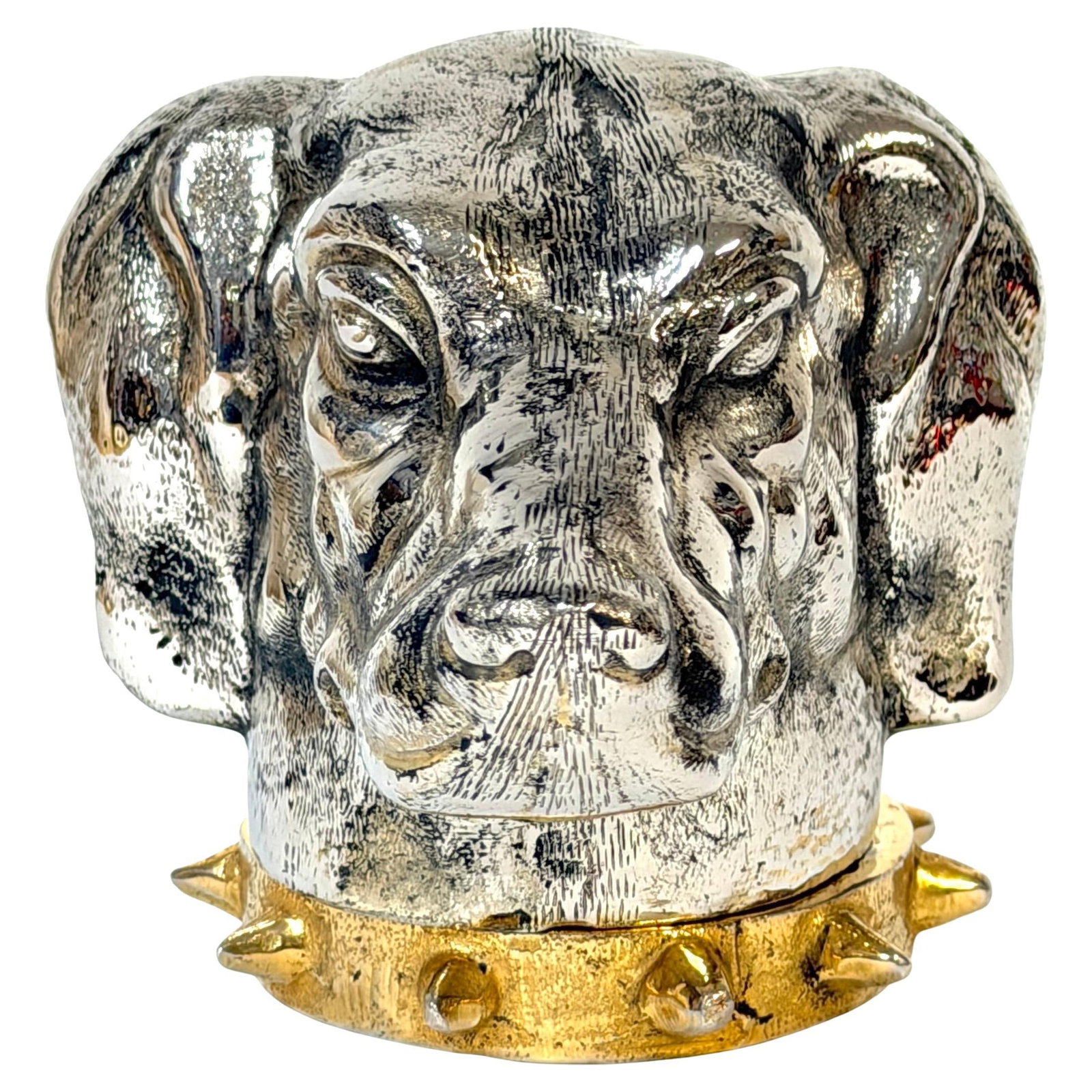 Set of Two Italian Silvered and Gilt Bronze Foxhound Boxes Signed: Set of Two Italian Silvered and Gilt Bronze Foxhound Boxes Signed This Italian-made decorative box, signed by Carole Stupell, features a figural foxhound's head as the removable lid and a gilt bronze 