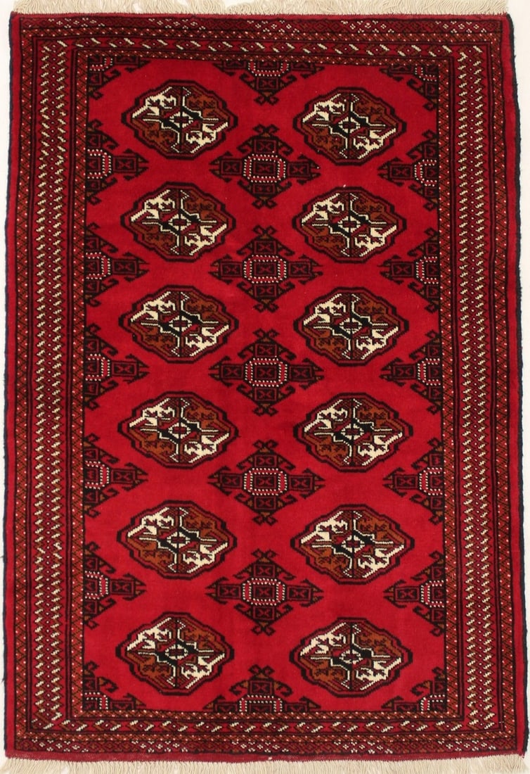 Hand-Knotted Wool Tribal Geometric Rug 3'4" x 4'11" Red Modern Accent: Hand-Knotted Wool Tribal Geometric Rug 3'4" x 4'11" Red Modern Accent This handmade Oriental area rug features a striking red tribal geometric design, crafted using a hand-knotted technique from wool 