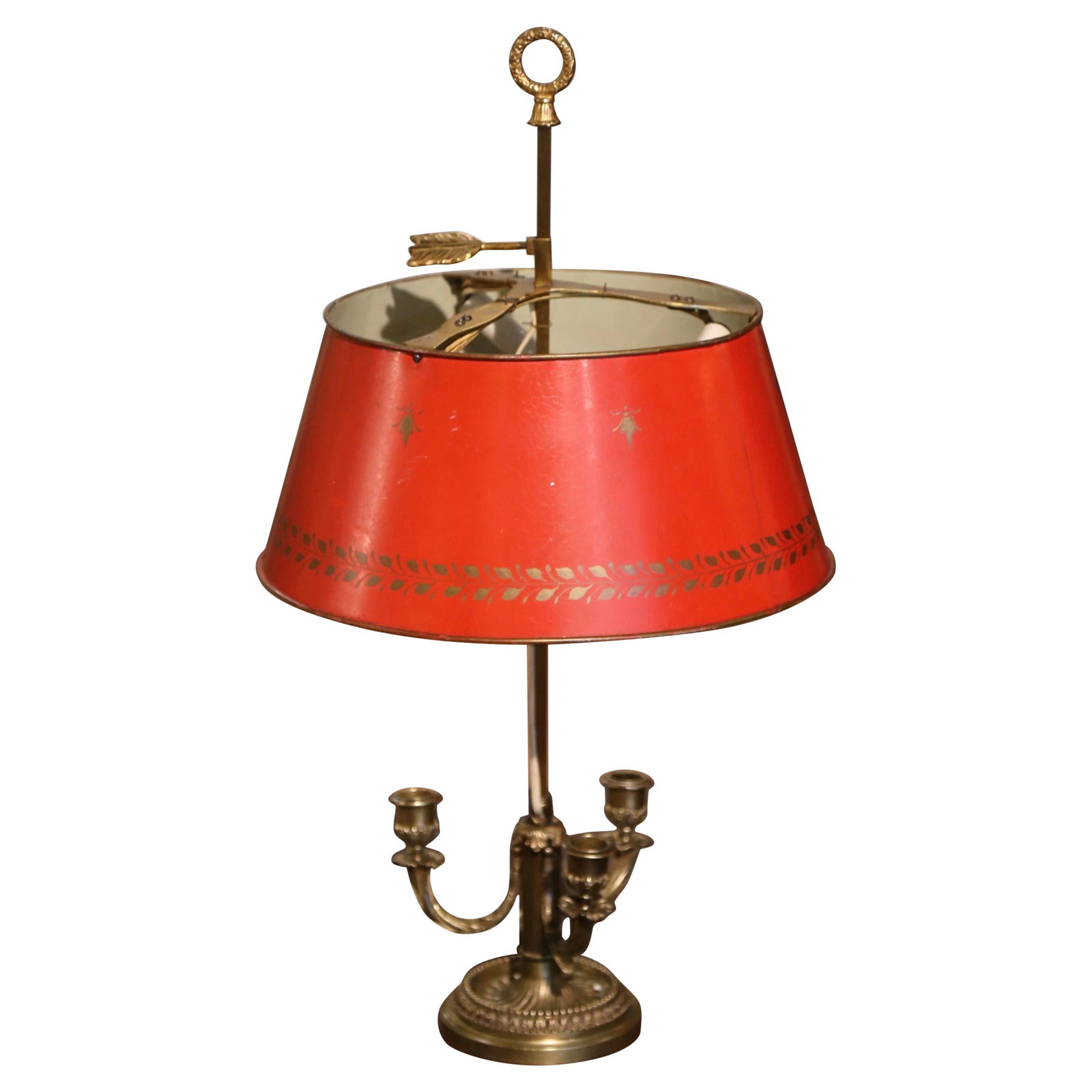 Antique French Brass Bouillotte Lamp with Hand-Painted Tole Shade: Antique French Brass Bouillotte Lamp with Hand-Painted Tole Shade Illuminate your space with this exquisite Early 20th Century French Bouillotte Table Lamp. Crafted circa 1920, this elegant lamp featu