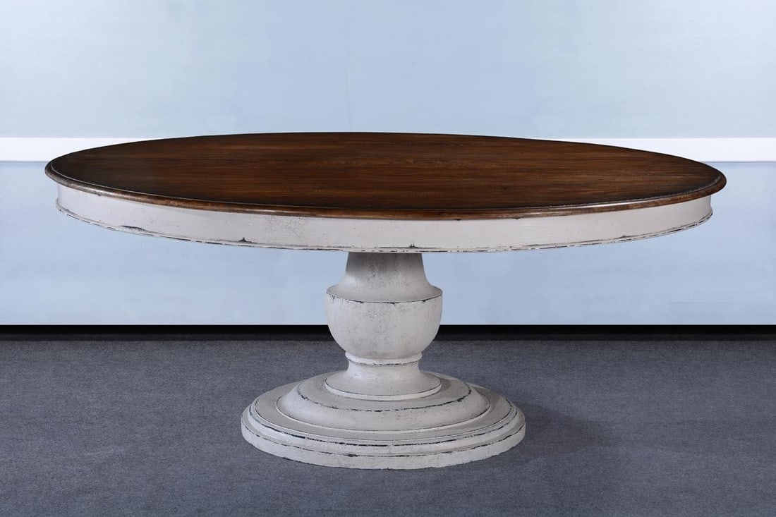 Scottsdale Round Pedestal Dining Table Solid Wood Antiqued White Rustic Pecan Top: Scottsdale Round Pedestal Dining Table Solid Wood Antiqued White Rustic Pecan Top Introducing the Elegant Rustic Pecan Top Dining Table, a stunning centerpiece for your dining space. Crafted in a char