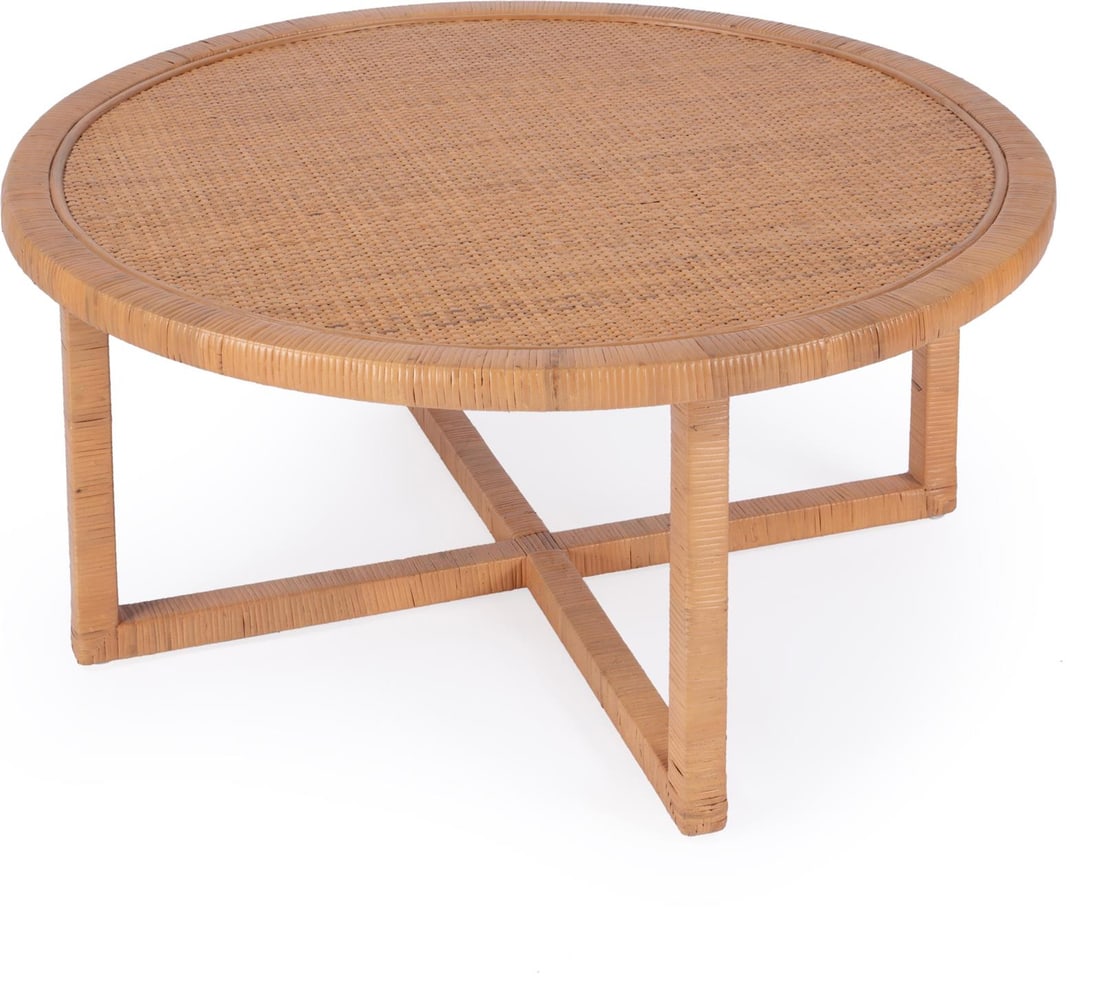 Butler Coastal Style Rattan Coffee Table 39in Round Beige: Butler Coastal Style Rattan Coffee Table 39in Round Beige This stylish coffee table is designed for coastal homes, featuring a chic combination of beige natural rattan and a sturdy plywood rubberwood 