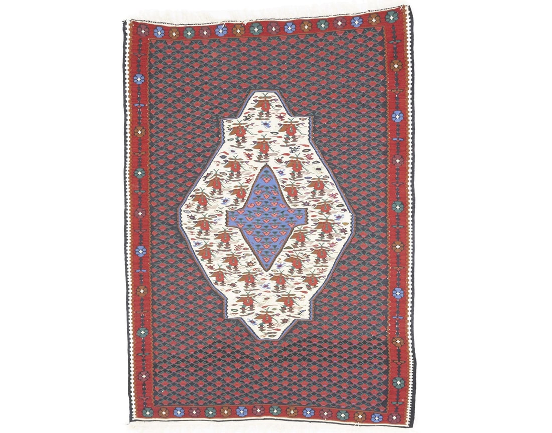Wool Flatweave 3'10 x 5'4 Tribal Floral Kilim Area Rug Handmade: Wool Flatweave 3'10 x 5'4 Tribal Floral Kilim Area Rug Handmade This handmade floral tribal kilim rug features a small, flat-woven design in a multicolored palette that includes black, red, cream, blu