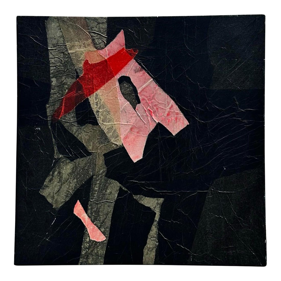 36 x 36 inch Geometric Abstract Mixed Media Oil Artwork on Canvas: 36 x 36 inch Geometric Abstract Mixed Media Oil Artwork on Canvas This vintage abstract mixed media oil on canvas showcases bold geometric forms in deep blacks, grays, and rich reds. Intricate layerin