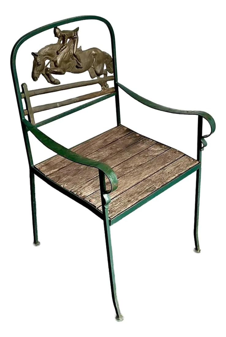Bronze Horse Rider Armchair on Wrought Iron Frame: Bronze Horse Rider Armchair on Wrought Iron Frame This vintage armchair is a distinctive piece featuring a high-relief bronze sculpture of a leaping horse and rider integrated into the backrest. The c
