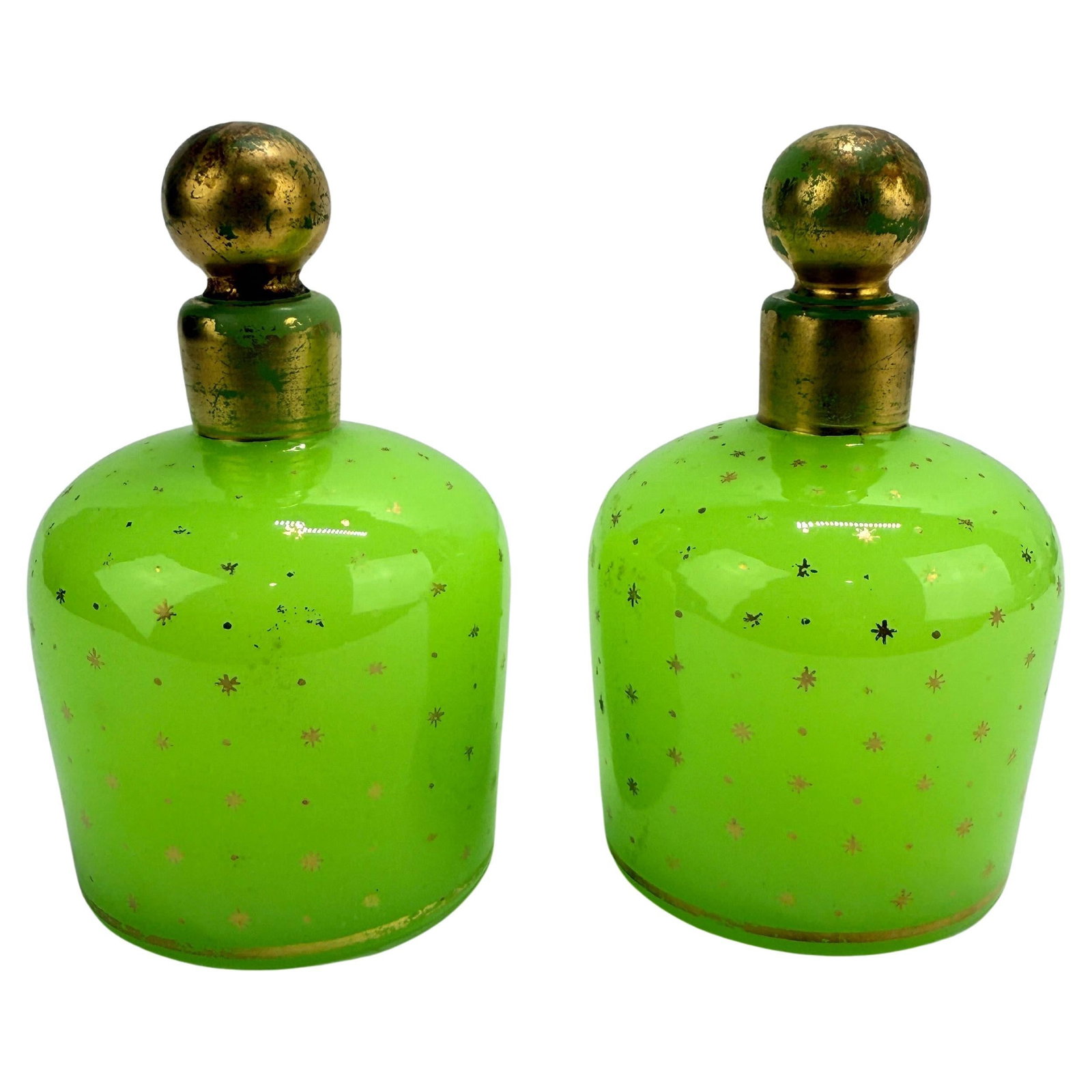 Art Deco Pair of French Green Opaline Perfume Bottles with Gilt Stars (1 of 9)