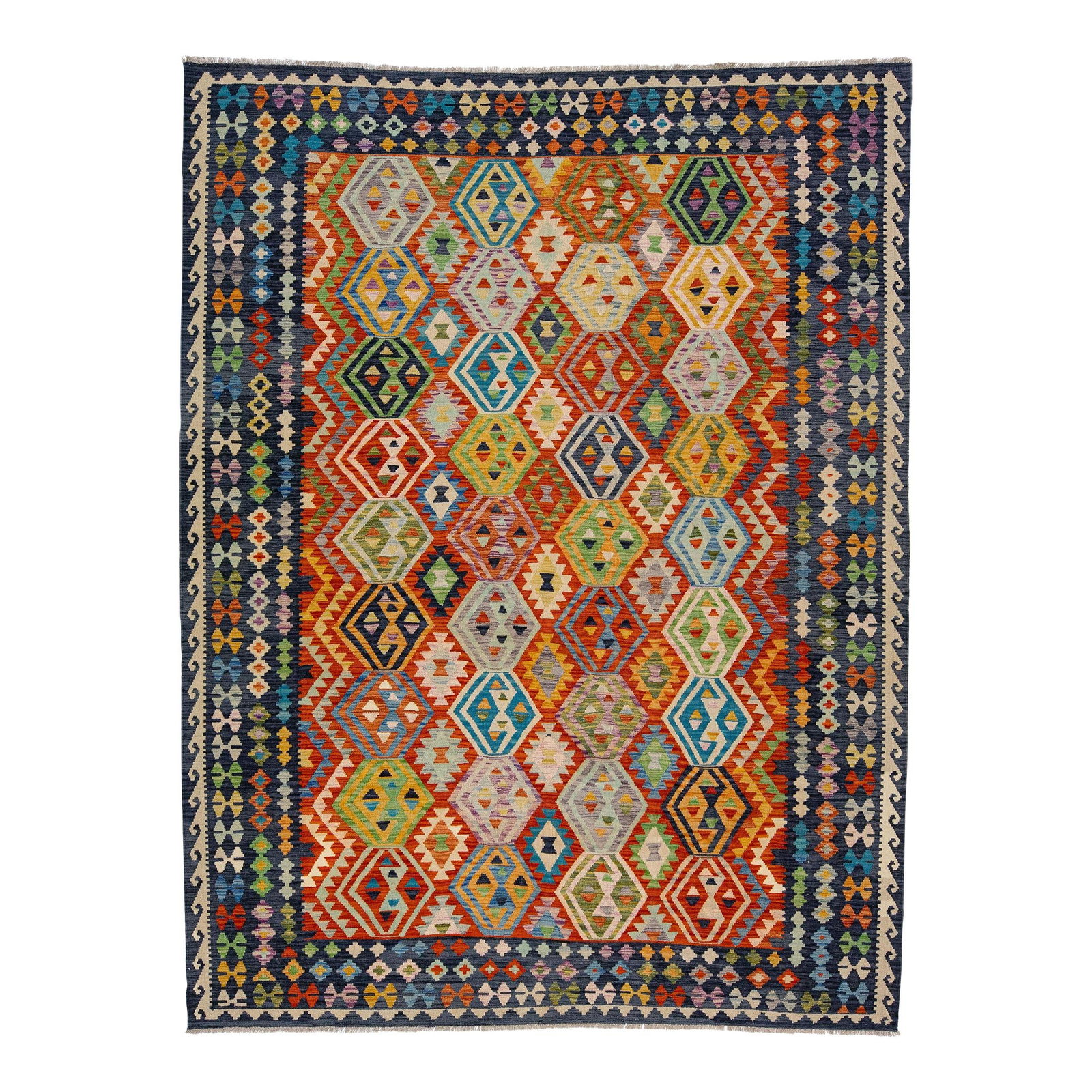 Modern Multicolor Flatweave Kilim Wool Rug 8'5" x 11': Modern Multicolor Flatweave Kilim Wool Rug 8'5" x 11' Enhance your living space with this stunning modern flatweave kilim wool rug, featuring a vibrant and intricate geometric pattern. This contempora
