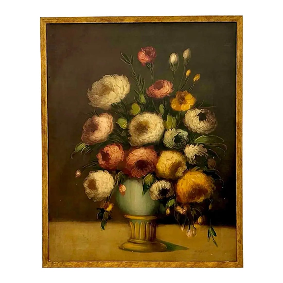 Floral Bouquet Oil Painting on Canvas in Vintage Style: Floral Bouquet Oil Painting on Canvas in Vintage Style This vintage floral still life oil painting on canvas features a bouquet of richly colored flowers arranged in a delicate vase. The artwork displ
