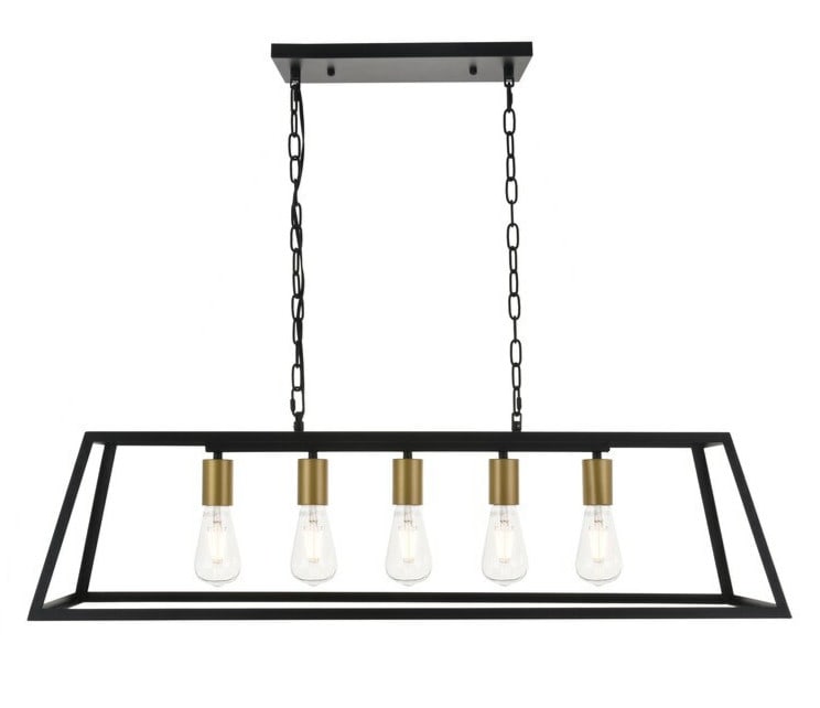 Resolute 5-Light Brass Black Pendant Chandelier 38.2 in: Resolute 5-Light Brass Black Pendant Chandelier 38.2 in This farmhouse-style chandelier features a contemporary design with a combination of brass and black finishes. Constructed from iron, metal, and