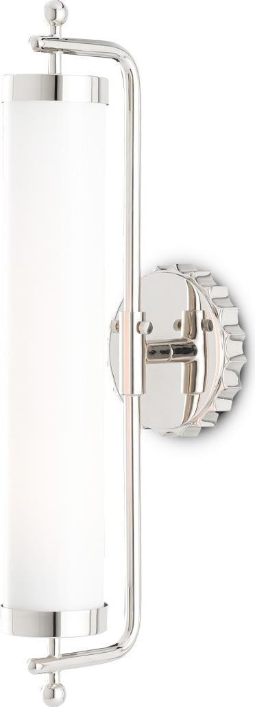 Currey Latimer Polished Nickel Wall Sconce with Milk Glass Shade: Currey Latimer Polished Nickel Wall Sconce with Milk Glass Shade Illuminate your space with the stylish Polished Nickel Latimer Wall Sconce featuring an elegant Milk Glass shade. This medium-sized wal