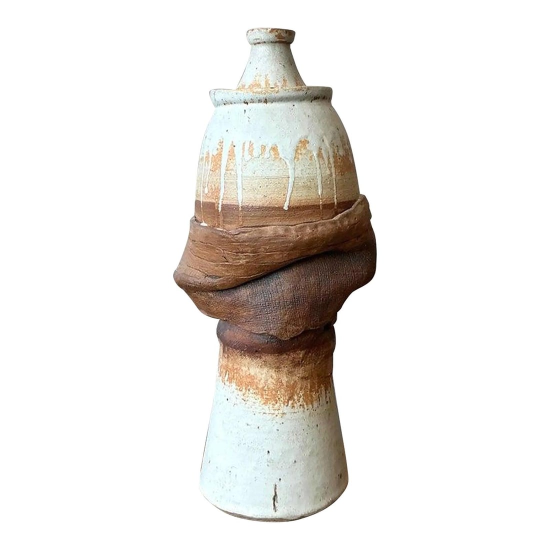 Mid-Century Studio Pottery Vase 20.25 Inch Two-Tone Design: Mid-Century Studio Pottery Vase 20.25 Inch Two-Tone Design This stunning vintage Boho studio pottery vase exemplifies mid-century design, showcasing a captivating blend of form and function. Hand-thro
