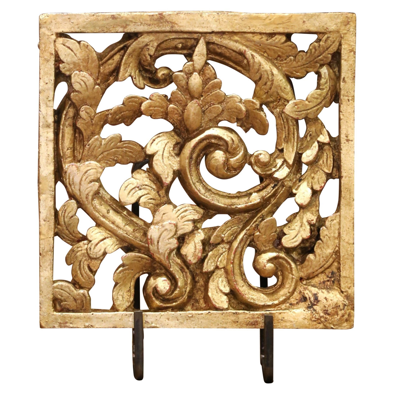 18th Century Italian Gilt Iron Plaque Louis XV Style on Custom Stand: 18th Century Italian Gilt Iron Plaque Louis XV Style on Custom Stand This exquisite 18th Century Italian gilt iron plaque features intricate foliate scrolls and is mounted on a custom blackened iron s