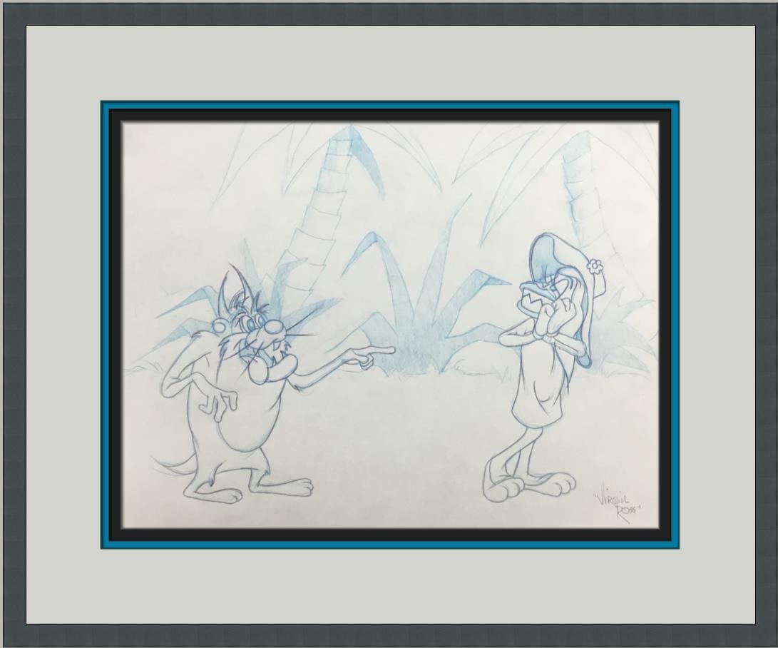 Signed Virgil Ross Bugs Bunny Taz Production Drawing Warner Bros 1990s: Signed Virgil Ross Bugs Bunny Taz Production Drawing Warner Bros 1990s This original concept production drawing, featuring the beloved characters Bugs Bunny and Tazmanian Devil, is a stunning work by 