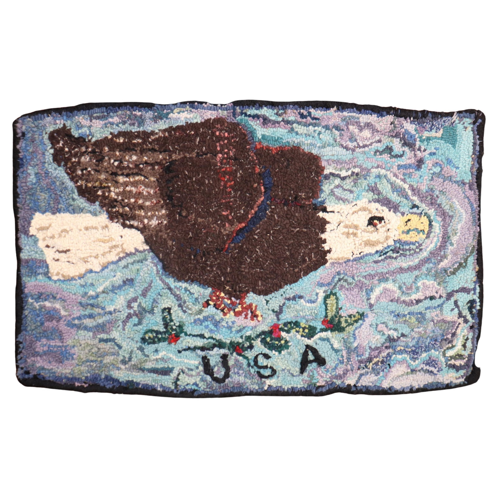 Hand-Knotted American Eagle Mini Rug 17x29 Country Style Jute Wool: Hand-Knotted American Eagle Mini Rug 17x29 Country Style Jute Wool This exquisite handmade mini rug features a beautifully designed American eagle, reflecting the country style typical of the late 20t