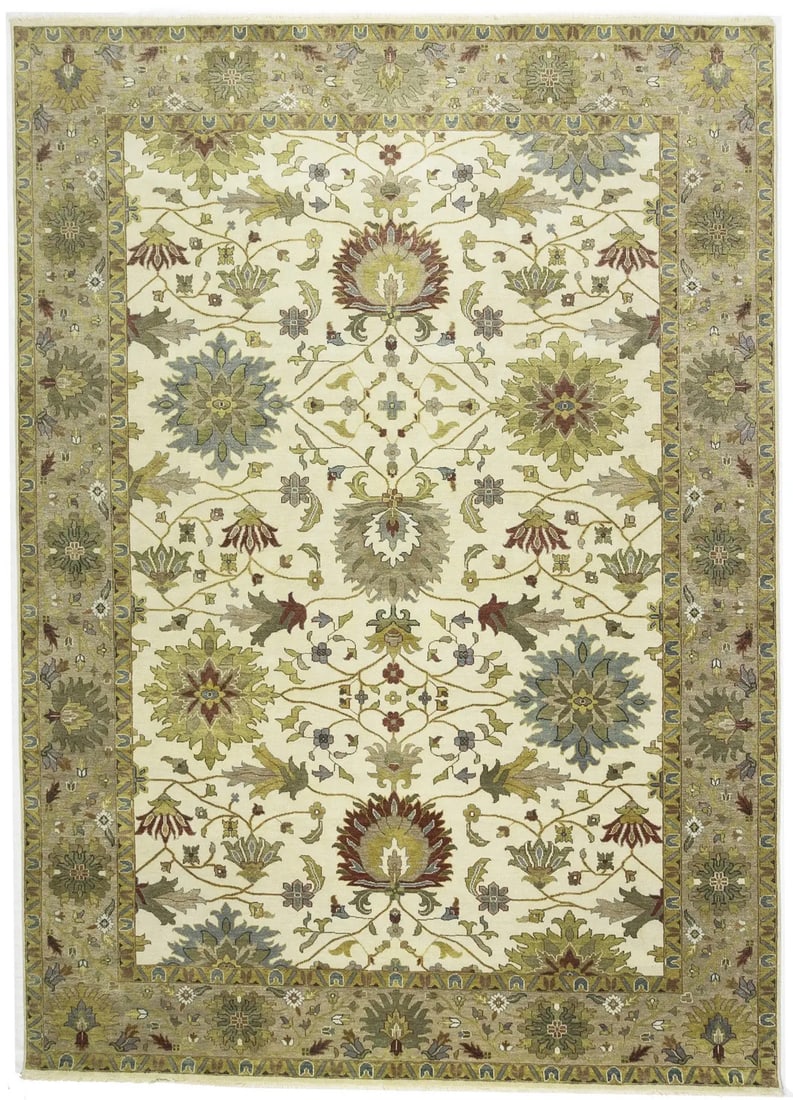Cream Hand-Knotted Oushak Chobi Wool Rug Floral Design 10 x 14 ft (1 of 15)