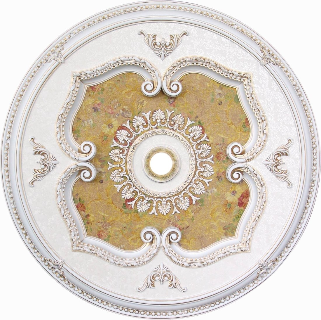 Artistry 43 Inch Round Ceiling Medallion Antique White Floral: Artistry 43 Inch Round Ceiling Medallion Antique White Floral This 43-inch round ceiling medallion features an antique French floral design, crafted from a specially formulated fiberglass resin for li
