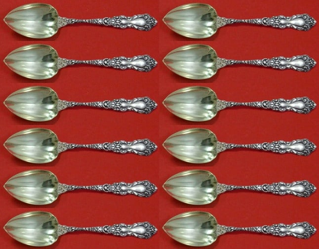 Gorham Imperial Chrysanthemum Sterling Silver Grapefruit Spoon Set of 12: Gorham Imperial Chrysanthemum Sterling Silver Grapefruit Spoon Set of 12 This exquisite custom set of 12 Imperial Chrysanthemum grapefruit spoons by Gorham is crafted from high-quality sterling silver