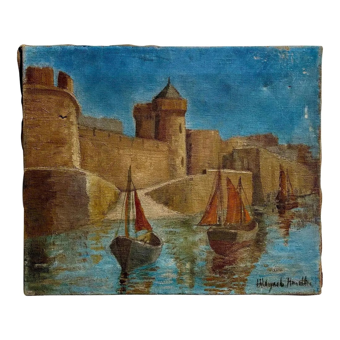 Vintage Boho Maritime Castle Oil Painting 18x15: Vintage Boho Maritime Castle Oil Painting 18x15 This charming small oil painting beautifully portrays a serene maritime scene featuring an ancient stone fortress. The weathered walls and rounded tower