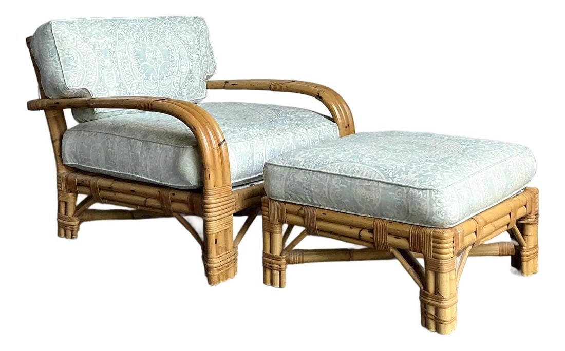 Rattan Lounge Chair With Ottoman by Bielecky Brothers Boho Mid Century Set: Rattan Lounge Chair With Ottoman by Bielecky Brothers Boho Mid Century Set This vintage lounge chair and matching ottoman set by Bielecky Brothers showcases classic Mid-Century Coastal style. Construc