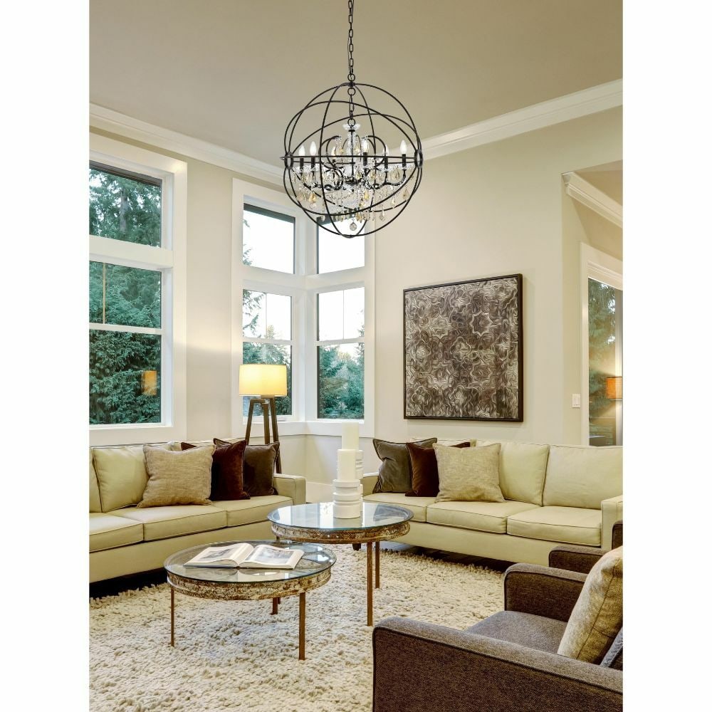 Geneva dark bronze crystal orb chandelier 6-light 34.5 inch: Geneva dark bronze crystal orb chandelier 6-light 34.5 inch This modern chandelier features a striking orb globe design with a dark bronze metal frame and golden teak color crystals. It is equipped wi