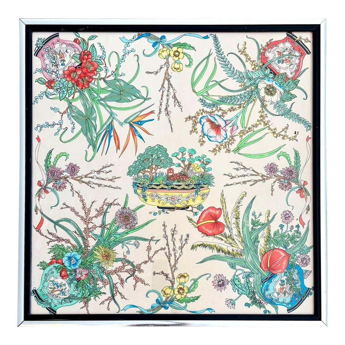 Vintage Boho Italian Silk Scarf Framed 30x30 Alabaster (1 of 6)