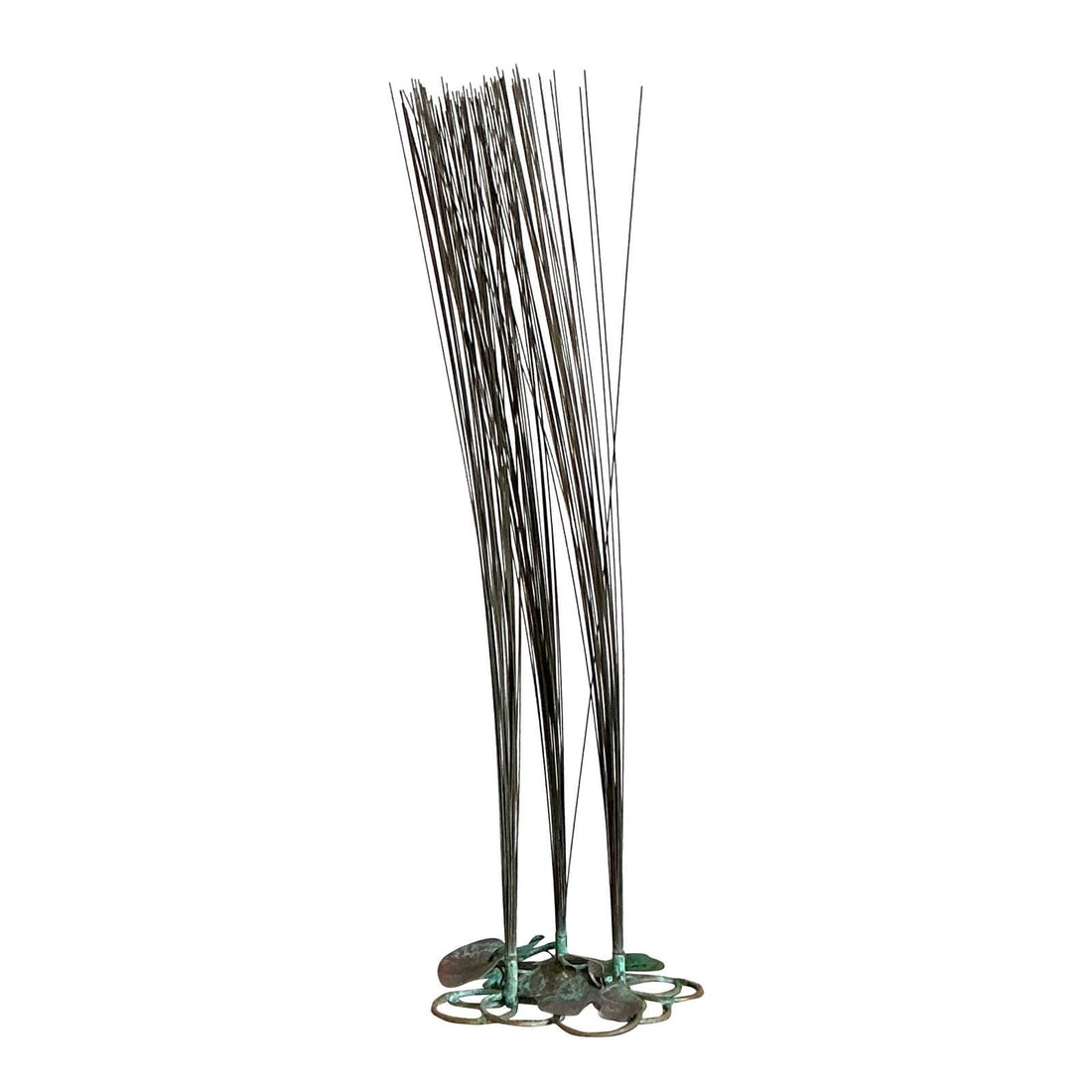 Patinated Bronze Tall Grass Decorative Sculpture with Verdigris Finish: Patinated Bronze Tall Grass Decorative Sculpture with Verdigris Finish This vintage tall grass sculpture showcases artisan metalwork, featuring slender metal reeds rising from a bronze base with styli