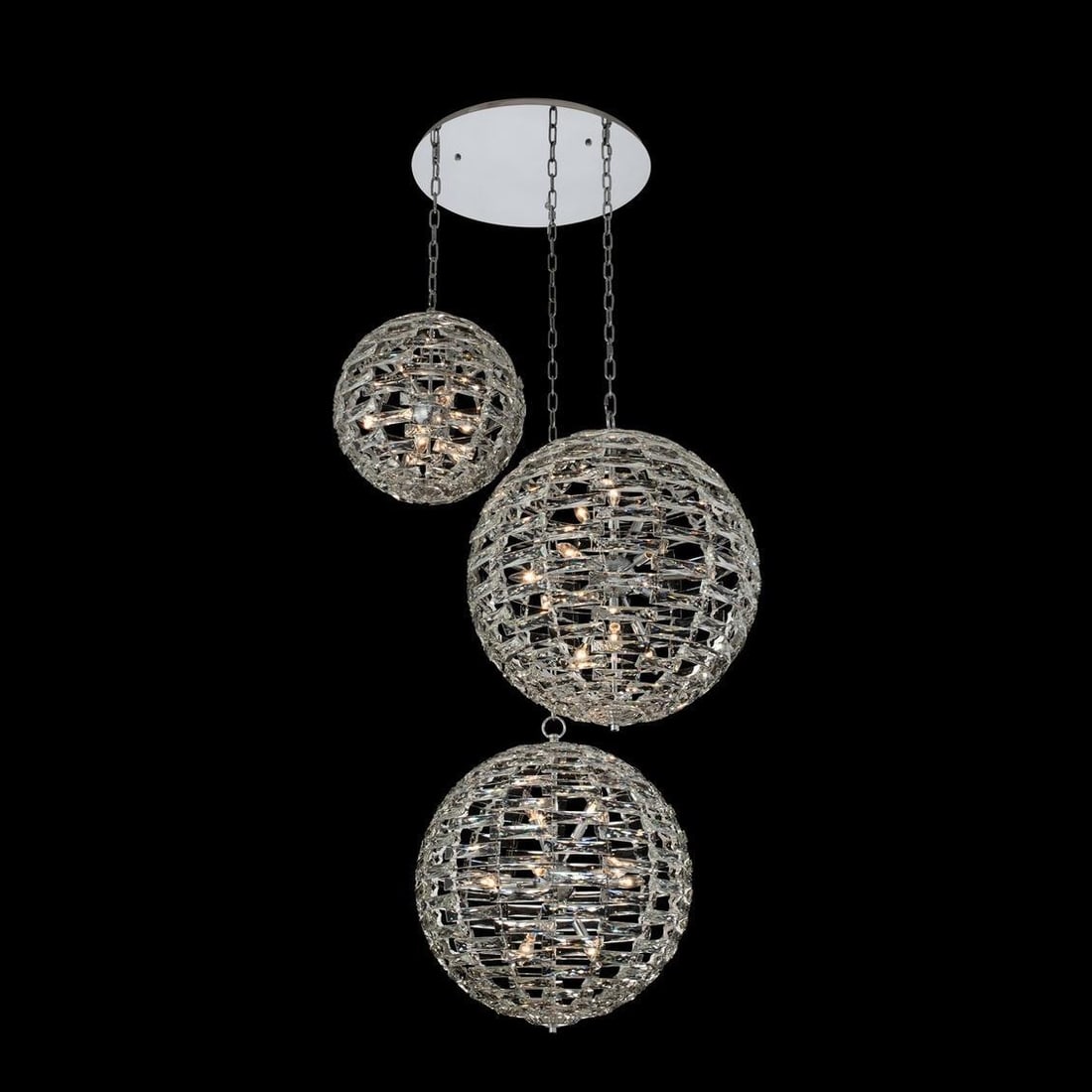Kalco Alta 3 Orb Foyer Chandelier Firenze Crystal Polished Chrome: Kalco Alta 3 Orb Foyer Chandelier Firenze Crystal Polished Chrome Illuminate your space with the stunning Alta 3 Orb Foyer Chandelier, a contemporary lighting fixture that combines elegance and functi
