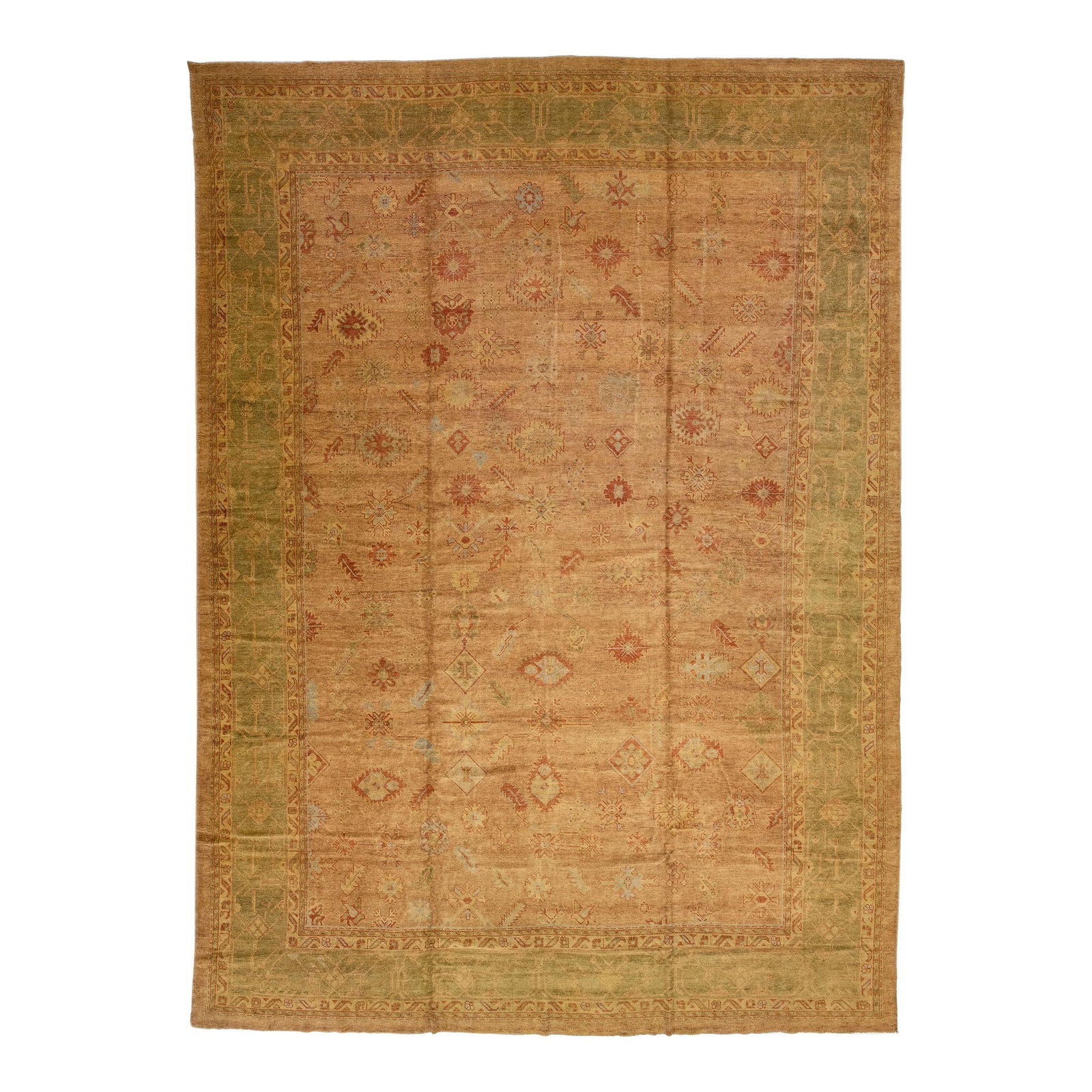 Oversized Vintage Turkish Oushak Floral Wool Rug 14'4 x 19'8: Oversized Vintage Turkish Oushak Floral Wool Rug 14'4 x 19'8 This stunning Vintage Turkish Oushak rug showcases meticulous hand-knotting in rich wool, featuring a brown color field beautifully accente