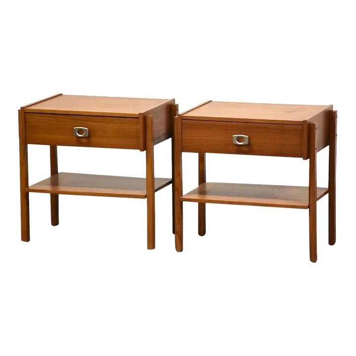 Pair of Danish Modern Teak Nightstands with Aluminum Pulls: Pair of Danish Modern Teak Nightstands with Aluminum Pulls This exquisite pair of Danish Modern teak nightstands features a sleek design, perfect for adding a touch of mid-century elegance to your bed