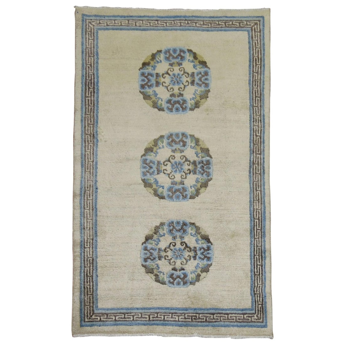 20th Century Tibetan Hand Knotted Wool Scatter Rug Ivory Light Blue Brown (1 of 6)