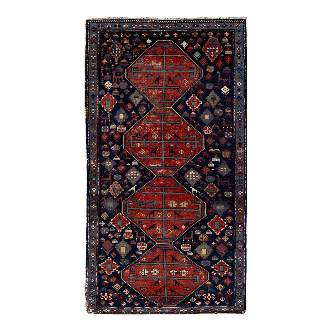 Antique Caucasian Handmade Wool Rug with Multi Medallion Design: Antique Caucasian Handmade Wool Rug with Multi Medallion Design Discover the beauty of this Antique Caucasian Handmade Red Tribal Scatter Wool Rug, crafted with exceptional skill around 1890. Featurin