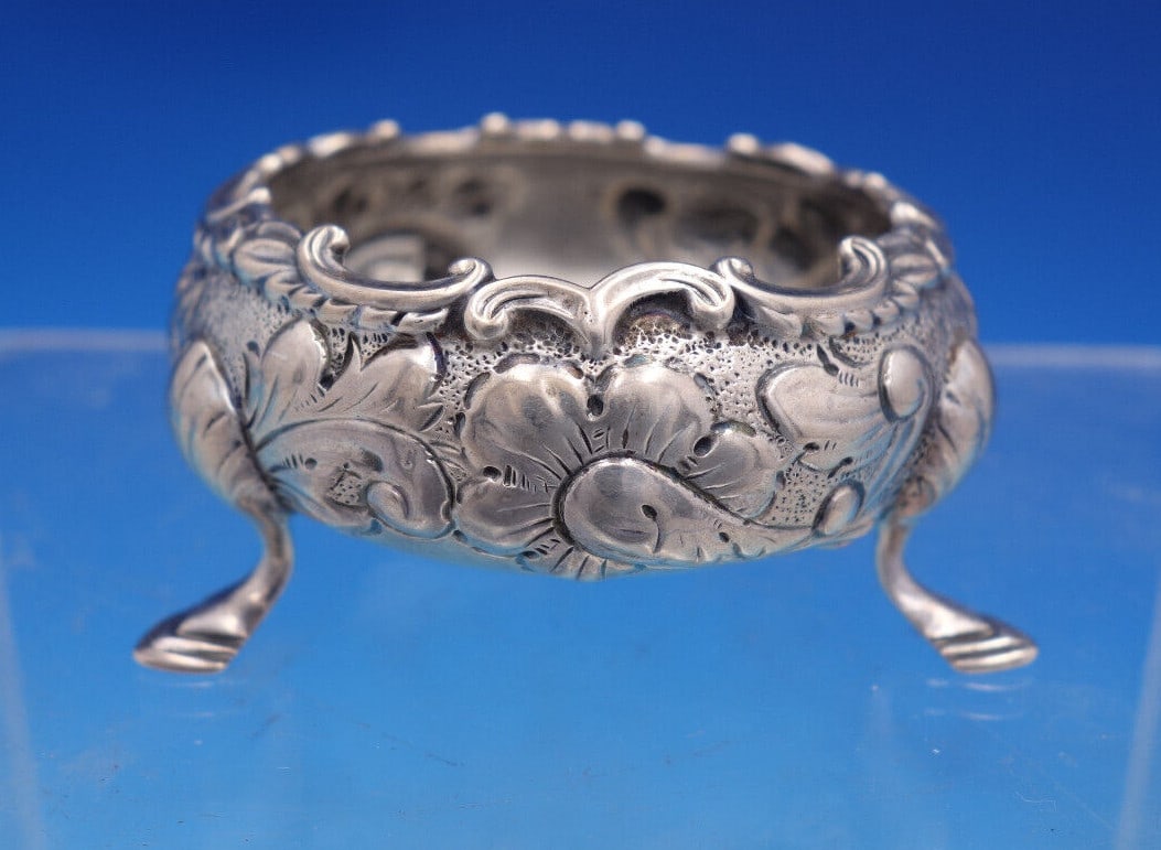Antique Sterling Silver Salt Cellar Repousse Floral Design Monogrammed (1 of 7)
