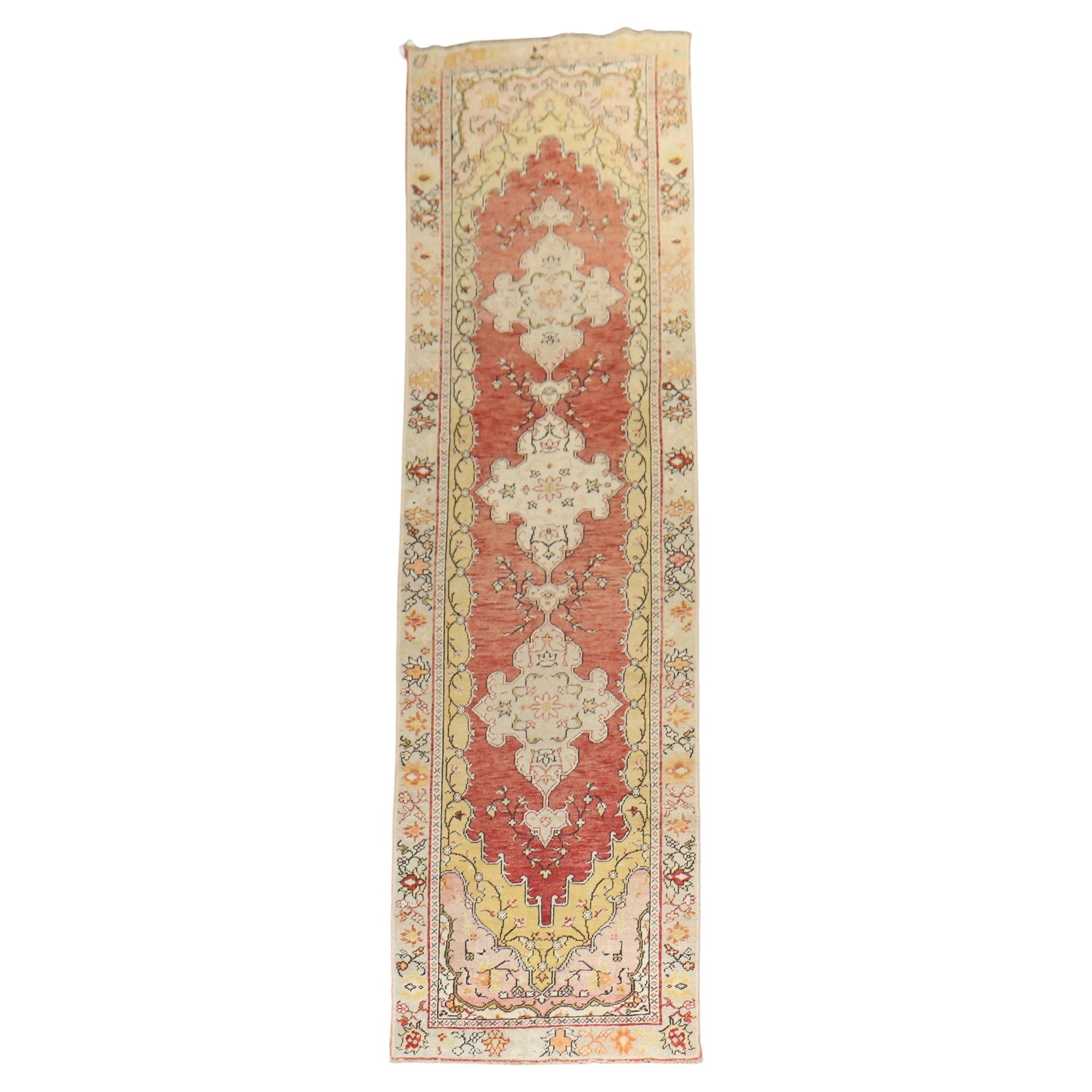 Hand-Woven Wool Turkish Oushak Runner Circa 1940 3'3" x 12'6": Hand-Woven Wool Turkish Oushak Runner Circa 1940 3'3" x 12'6" This exquisite vintage Oushak runner showcases the rich craftsmanship of Turkish textiles. Hand-woven from high-quality wool, this piece i
