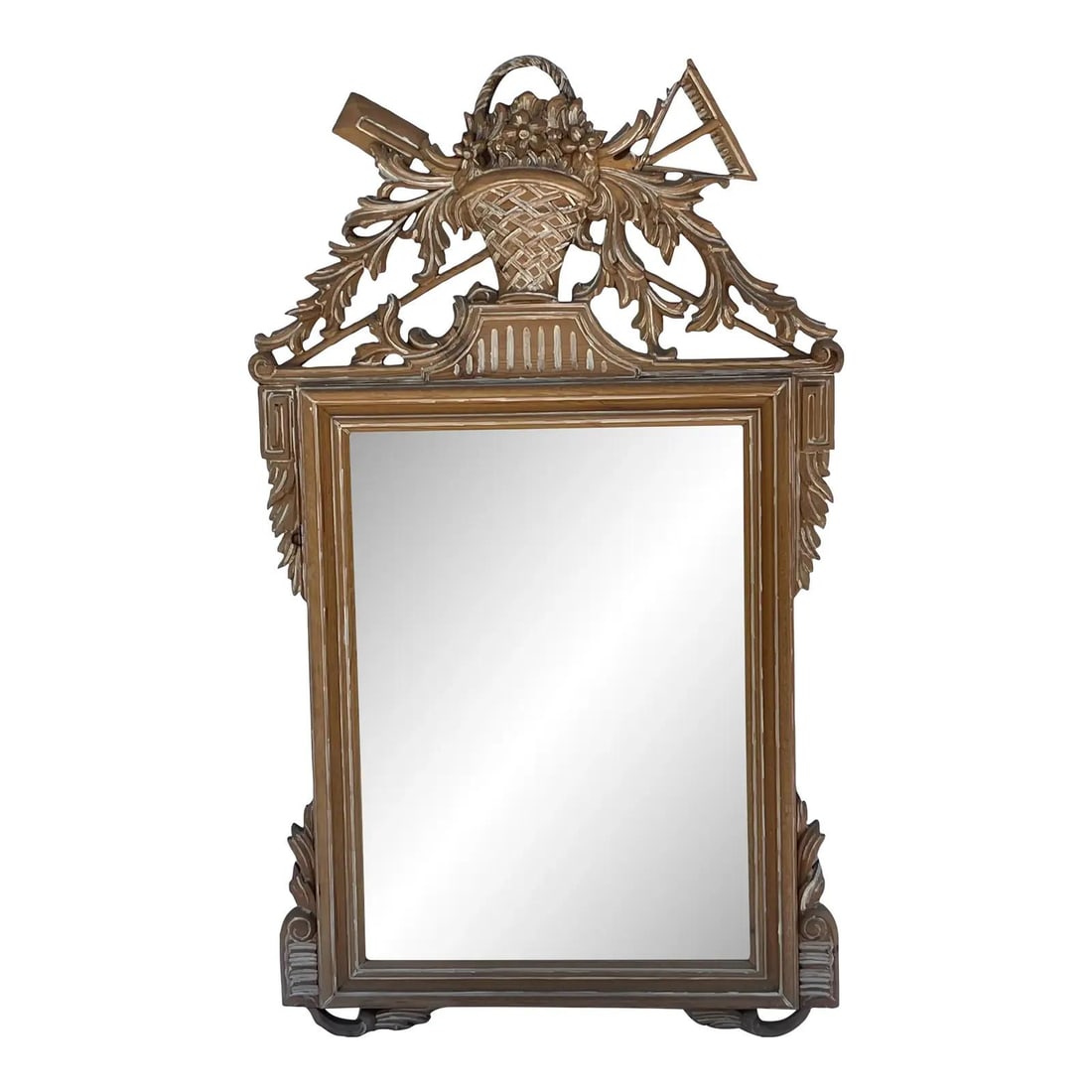 French Provincial Carved Wood Mantel Mirror with Basket and Tools (1 of 10)