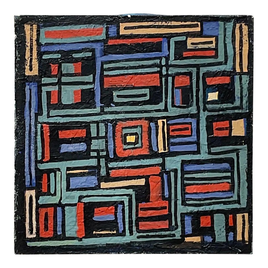 36 x 36 Bohemian Geometric Abstract Canvas Oil Painting: 36 x 36 Bohemian Geometric Abstract Canvas Oil Painting This vintage Boho geometric abstract oil on canvas features intricate geometric patterns in rich tones of red, blue, yellow, and black. Its laye