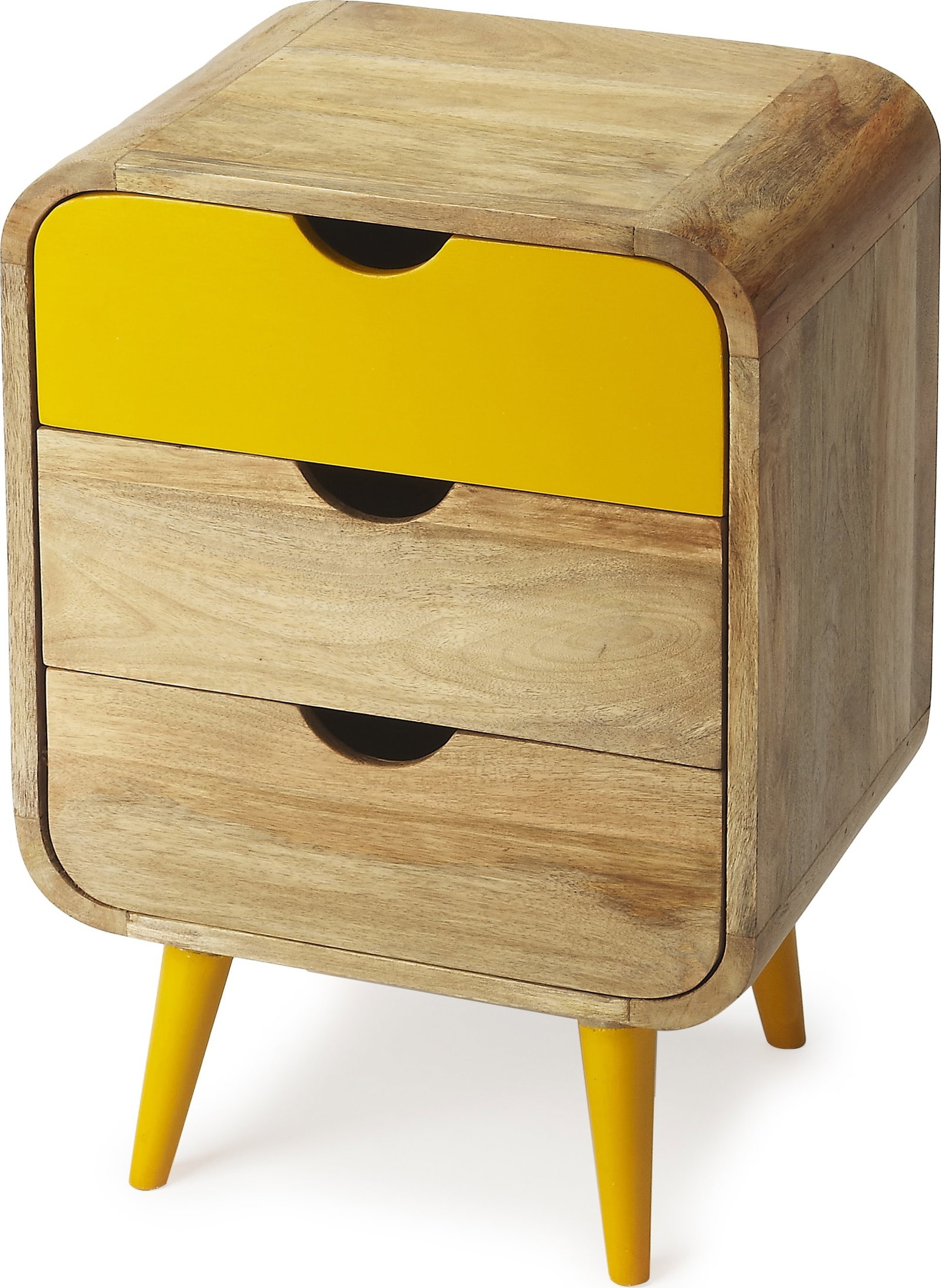 Butler Danville Mango Wood Nightstand Multi-Color Yellow Mid-Century Modern: Butler Danville Mango Wood Nightstand Multi-Color Yellow Mid-Century Modern Enhance your living space with this Elegant Mango Wood Chairside Cabinet, a stunning piece that embodies a blend of antique 