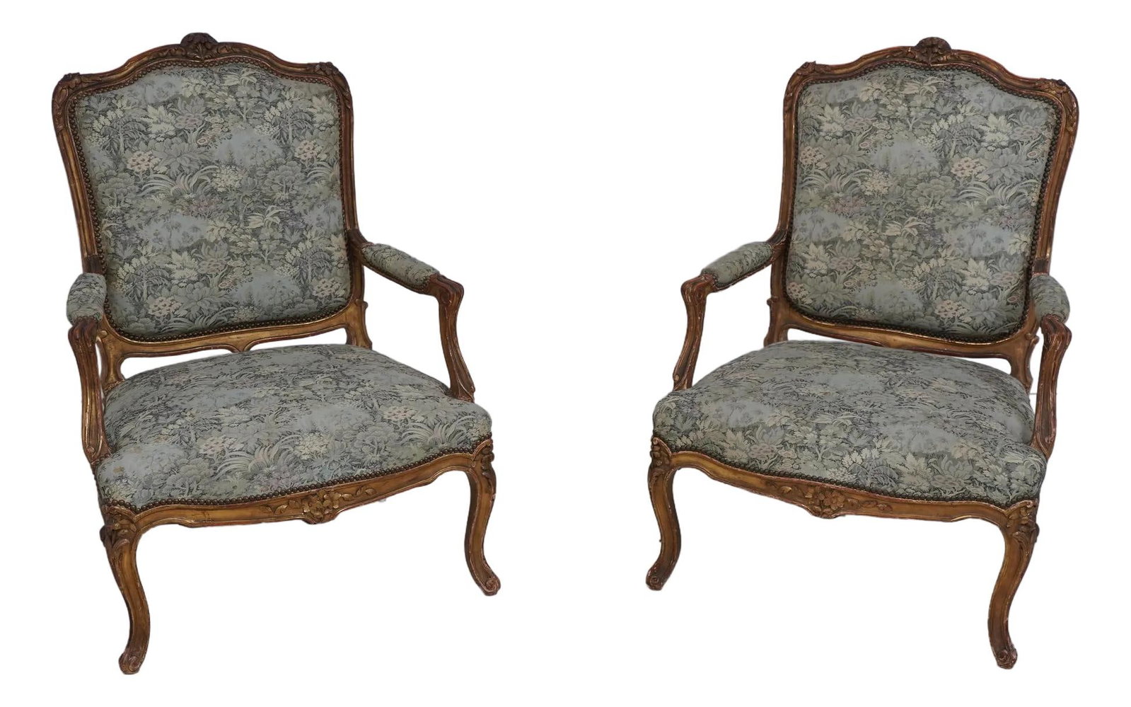 Antique French Polychrome Open Armchairs Pair C.1900-1910 Elegant Carved Detail: Antique French Polychrome Open Armchairs Pair C.1900-1910 Elegant Carved Detail This stunning pair of antique French open armchairs dates back to circa 1900-1910, showcasing fine carved details and a 