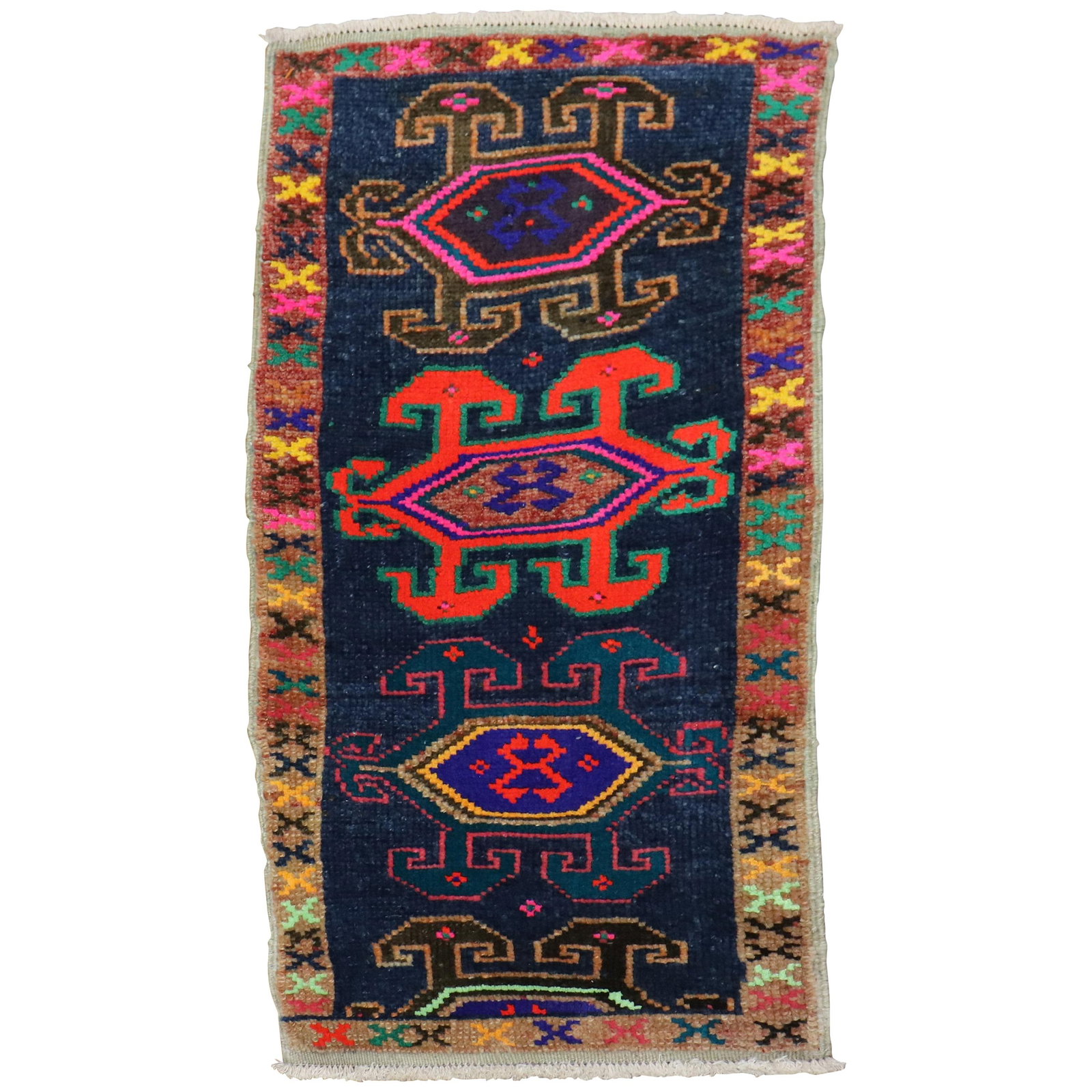 Unique Hand-Knotted Turkish Mini Rug 16x33 Wool Futurist Style: Unique Hand-Knotted Turkish Mini Rug 16x33 Wool Futurist Style Discover this unique Mini Turkish Mat Rug, a vibrant piece that showcases the artistry of 20th-century Anatolian design. This hand-knotte