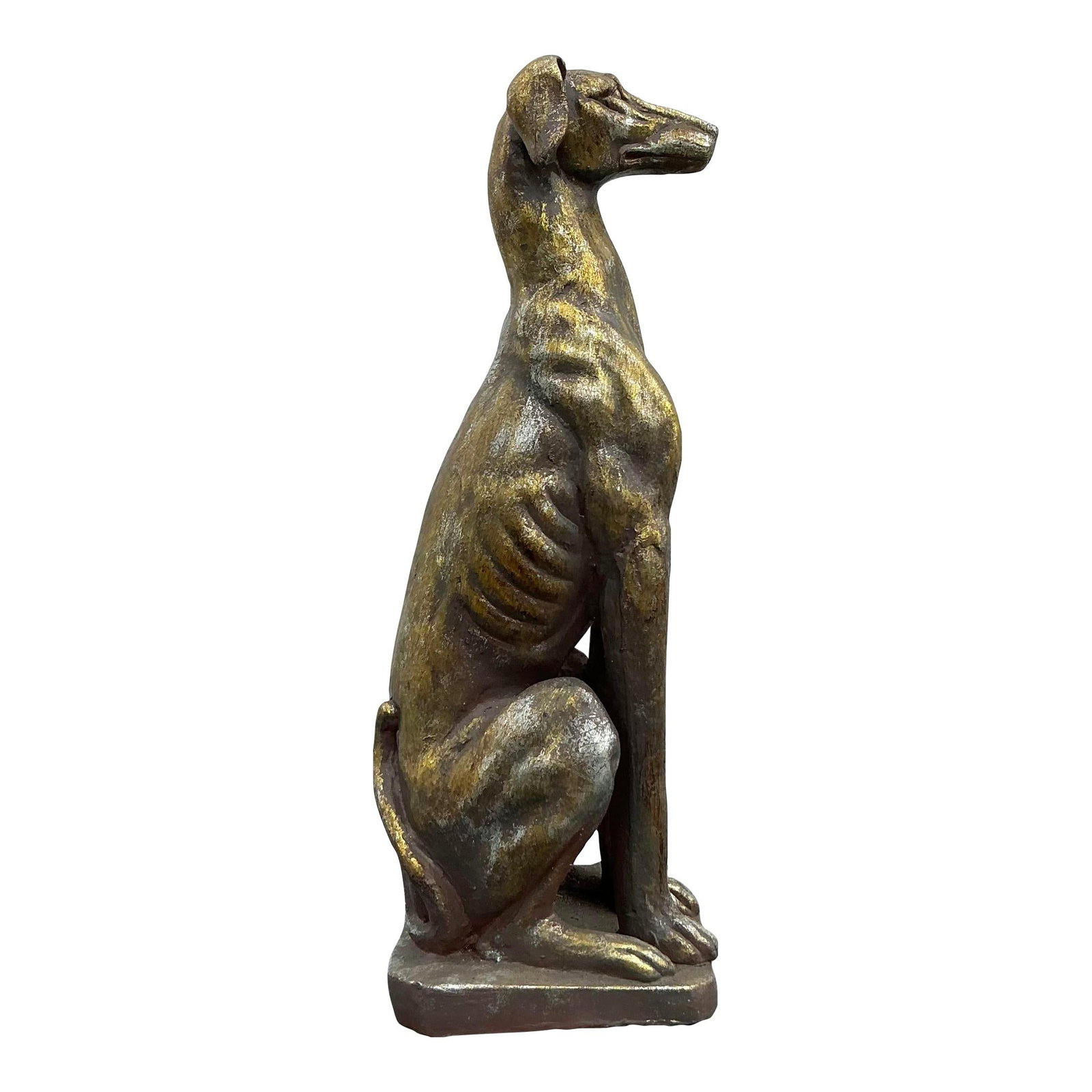 Vintage Regency Gilt Greyhound Statue 32in Tall Luxury Decor: Vintage Regency Gilt Greyhound Statue 32in Tall Luxury Decor This Vintage Regency Gilt Greyhound is a striking representation of luxury and elegance. Crafted with meticulous detail, it features a slee