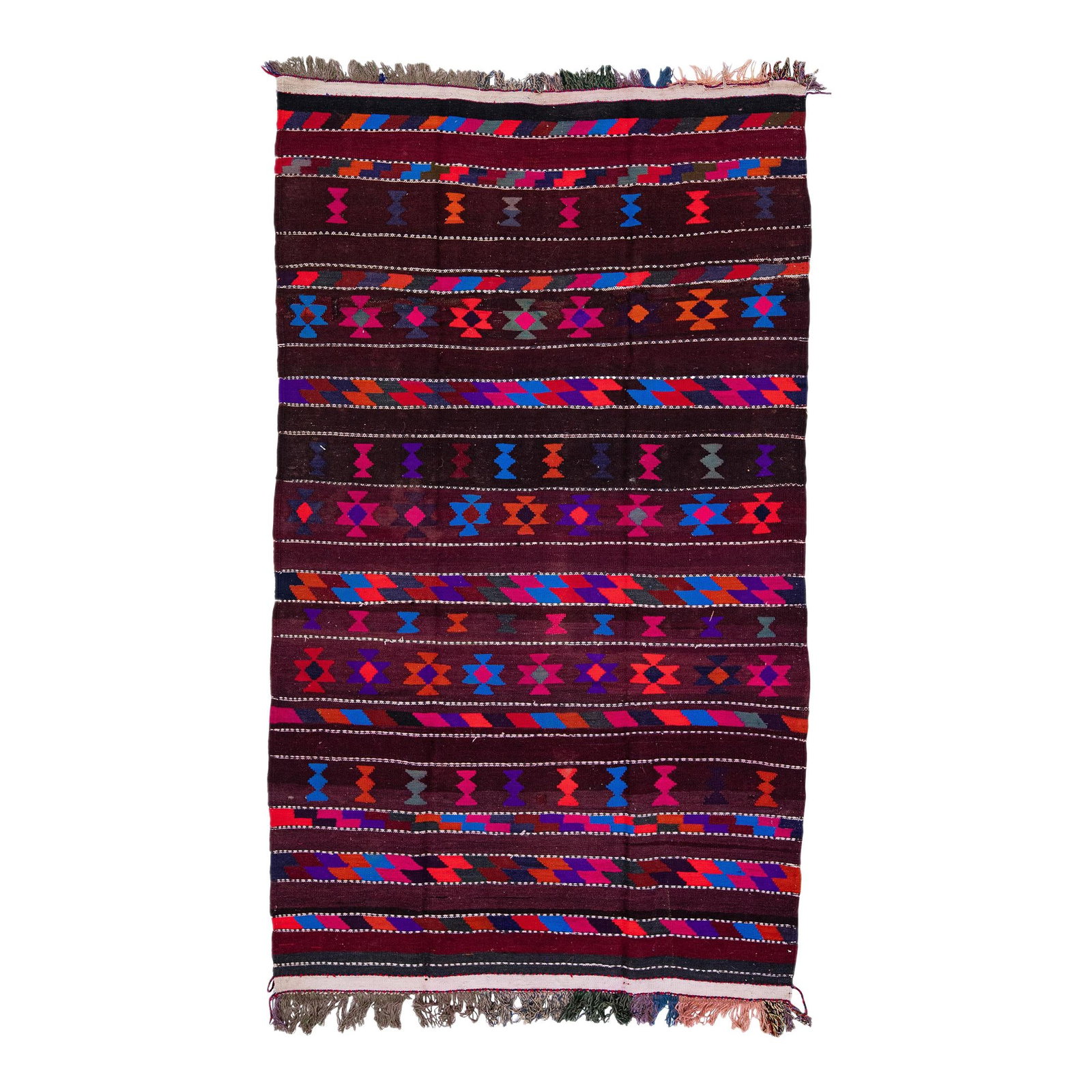 Vintage Turkish Kilim Handmade Wool Rug 4'6 x 7'4 Pink Tribal Design: Vintage Turkish Kilim Handmade Wool Rug 4'6 x 7'4 Pink Tribal Design This exquisite vintage Turkish Kilim rug showcases a stunning hot pink field adorned with vibrant multicolor accents in an all-over