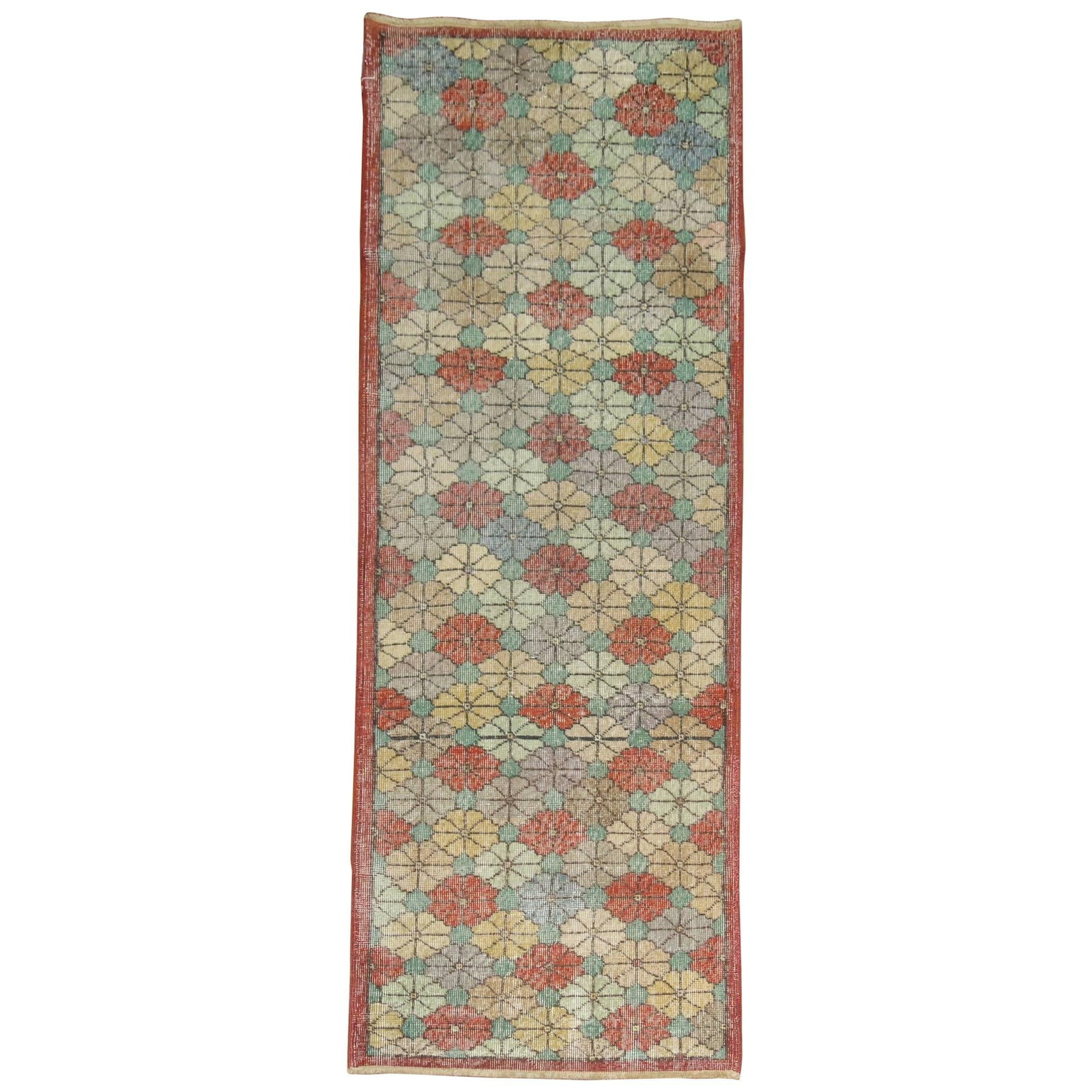 Hand-Knotted Wool Turkish Floral Art Deco Runner 32 x 85 in: Hand-Knotted Wool Turkish Floral Art Deco Runner 32 x 85 in This vintage Turkish runner features a charming all-over floral pattern in the Art Deco style. Hand-knotted from wool, it dates to circa 195
