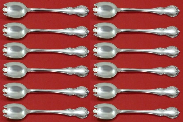 Towle French Provincial Sterling Silver Ice Cream Forks Set 12pcs: Towle French Provincial Sterling Silver Ice Cream Forks Set 12pcs This exquisite 12-piece custom set of ice cream dessert forks showcases the elegant French Provincial pattern by Towle. Each fork is c