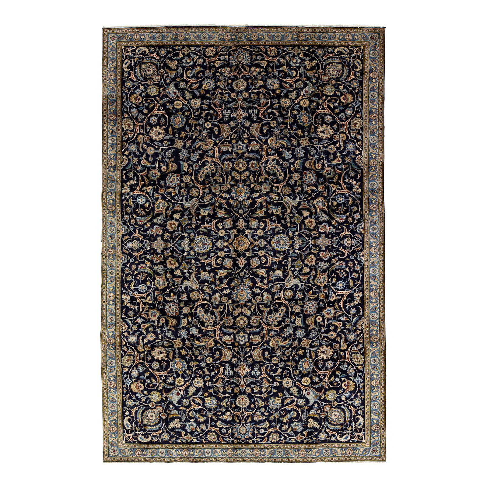 Isfahan Navy Blue Hand-Knotted Wool Rug 7' x 10'9: Isfahan Navy Blue Hand-Knotted Wool Rug 7' x 10'9 Discover the elegance of this beautiful Isfahan hand-knotted rug, expertly crafted from high-quality wool. The stunning navy blue field showcases a ca